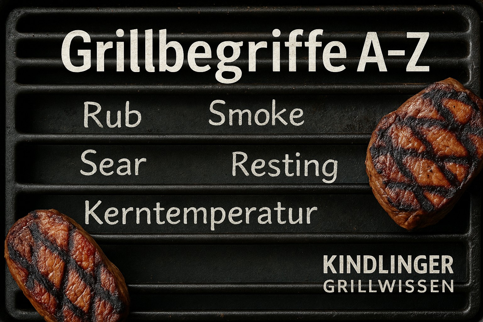 Grillmeister zeigt auf verschiedene Fleischstücke und Grillzonen auf einem Grillrost
