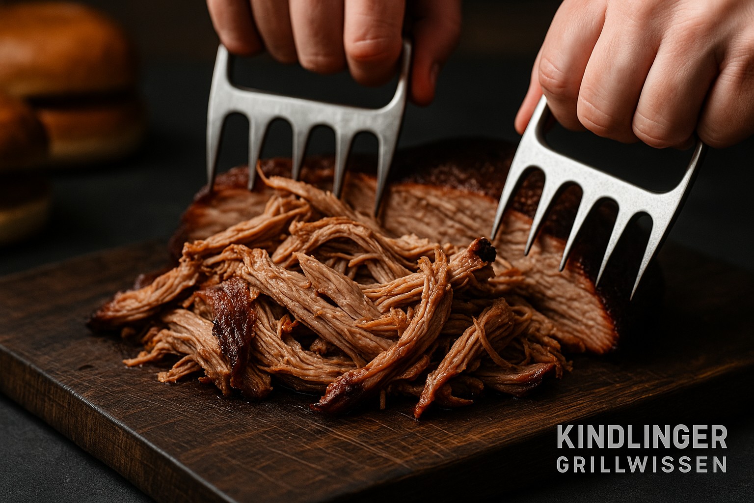 Saftiges Pulled Pork vom Grill, gezupft auf einem Holzbrett, daneben Burger Buns – Kindlinger Grillwissen