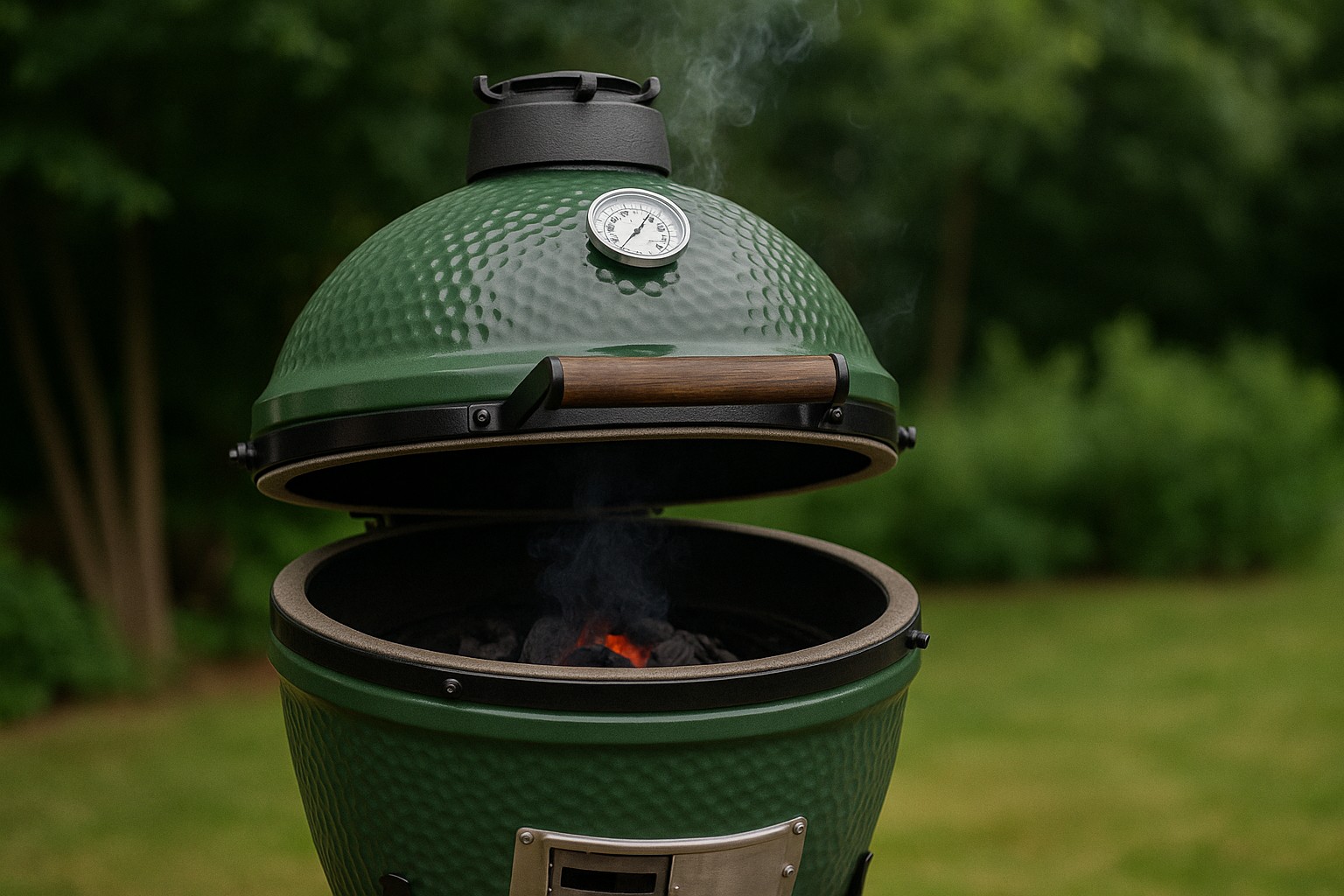 Big Green Egg Keramikgrill mit geöffneter Lüftung und stabilem Glutbett im Garten