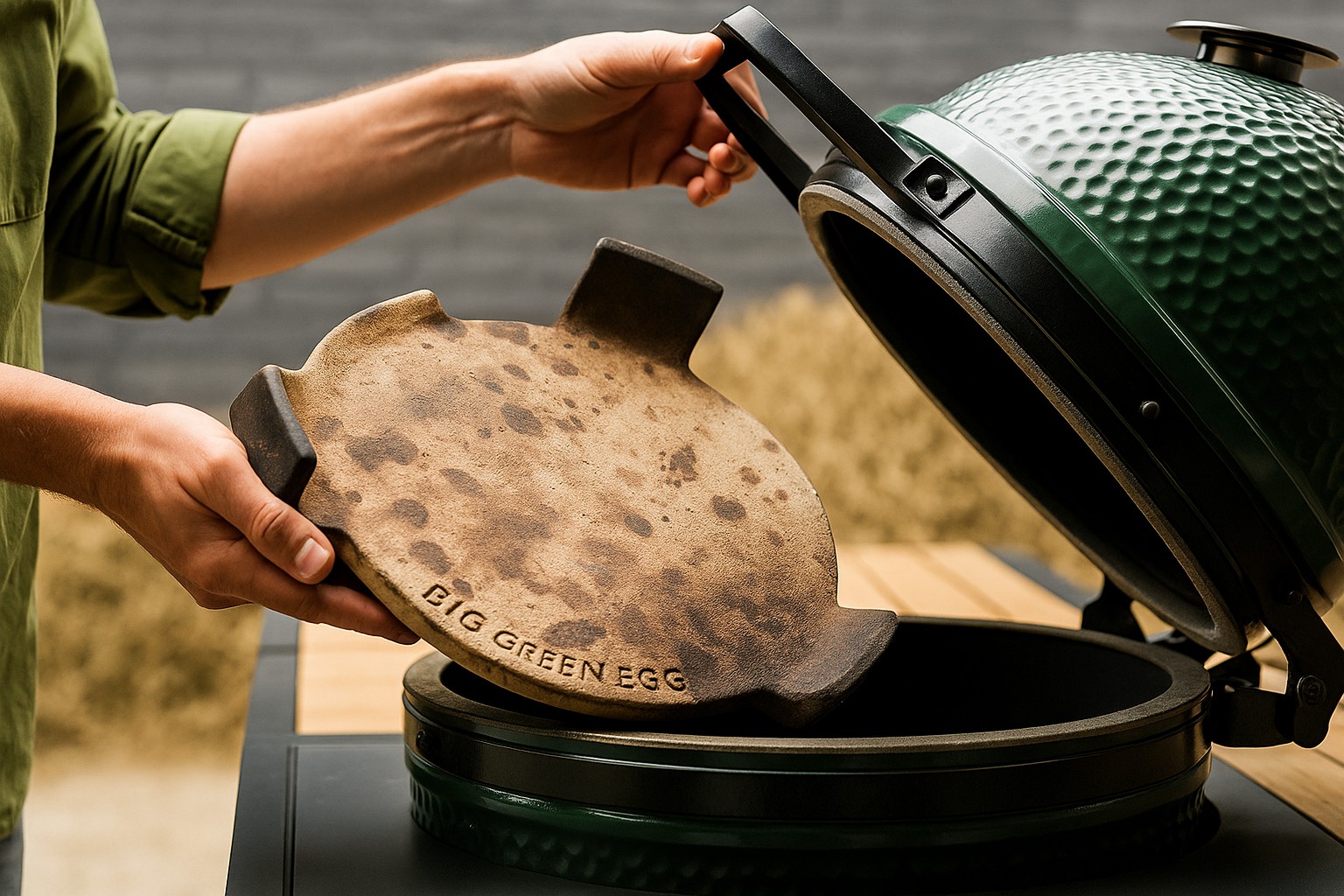 Big Green Egg Zubehör auf Terrasse: ConvEGGtor, Roste, Grillwerkzeuge