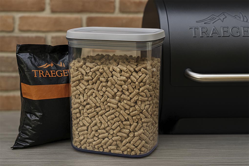 Traeger Holzpellets in einem luftdichten Behälter neben einem Pelletgrill