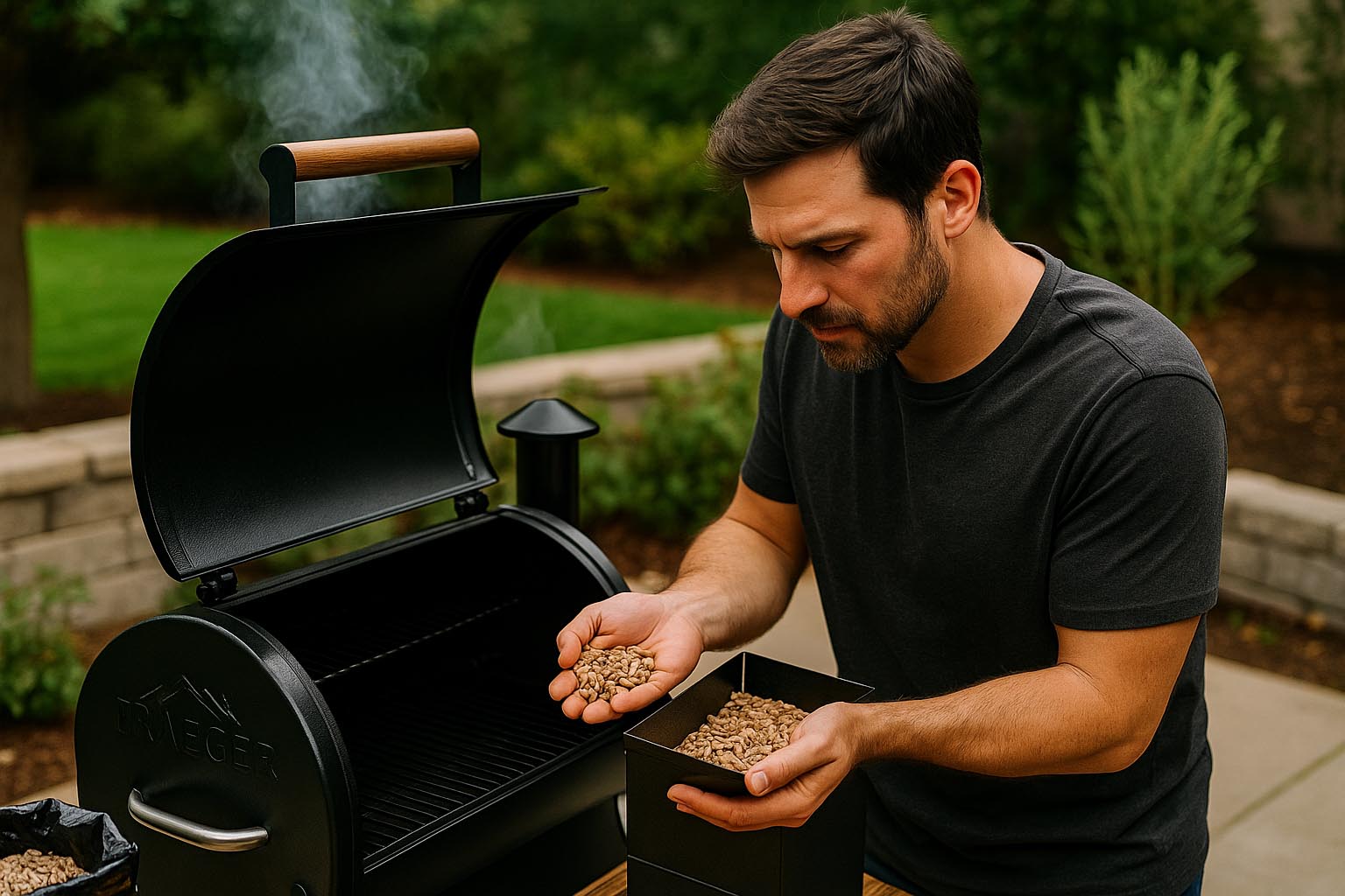 Traeger Pelletgrill mit geöffnetem Deckel und Werkzeug für Wartung und Fehlerbehebung