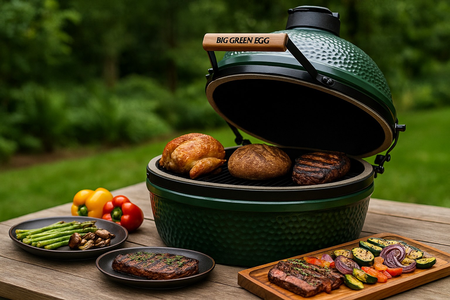 Big Green Egg mit verschiedenen Gerichten – Fleisch, Gemüse und Brot – auf einem Gartentisch arrangiert