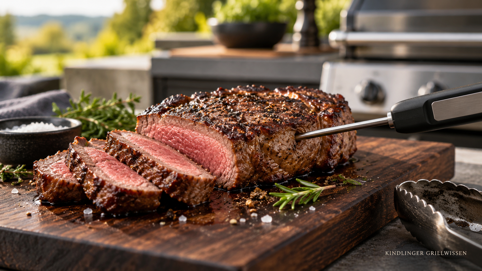 Kerntemperatur beim Grillen mit Thermometer am Steak messen