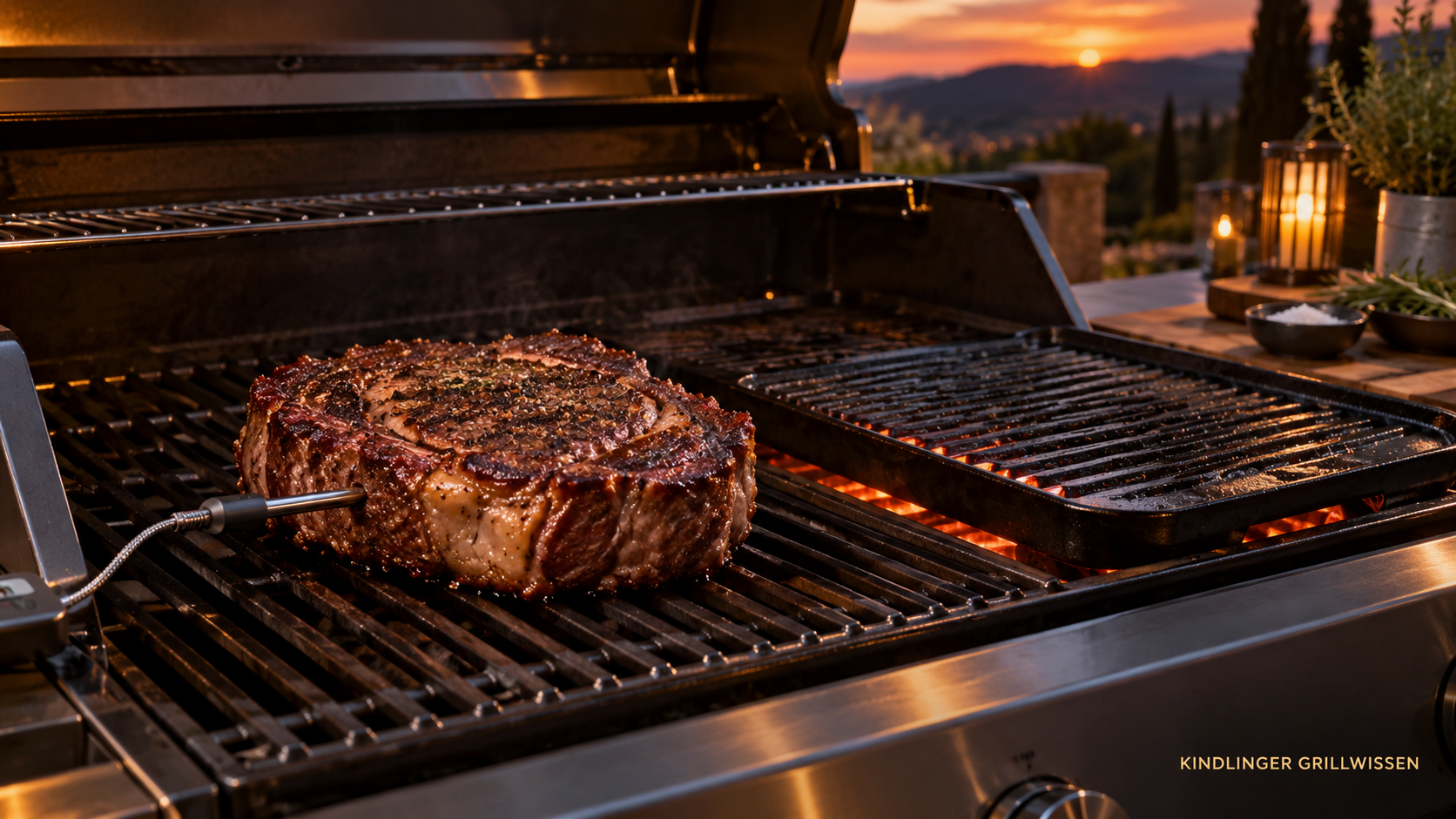 Reverse Sear Ribeye Steak mit Kerntemperaturfühler am Grill