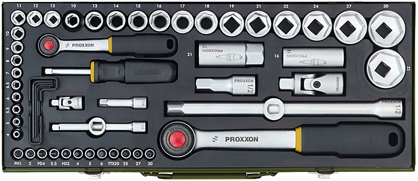 PROXXON Steckschlüsselsatz 1/4 und 1/2 Zoll, 56-teilig – Ansicht