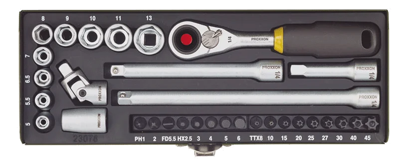 PROXXON Feinmechaniker-Satz 1/4 Zoll mit MICRO-Kompaktratsche, 32-teilig – Ansicht