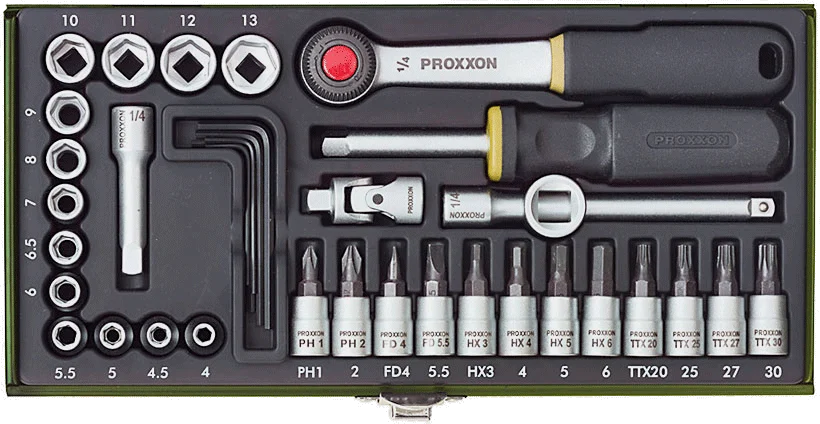 PROXXON Feinmechaniker-Satz 1/4 Zoll mit Ratsche, 36-teilig – Ansicht