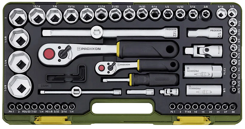 PROXXON Zoll-Komplettsatz 5/32 bis 1 3/8 Zoll, 65-teilig – Ansicht