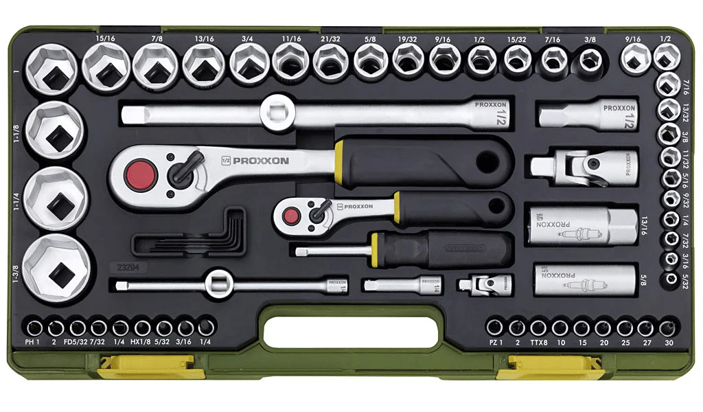 PROXXON Zoll-Komplettsatz 5/32 bis 1 3/8 Zoll, 65-teilig – Detailansicht