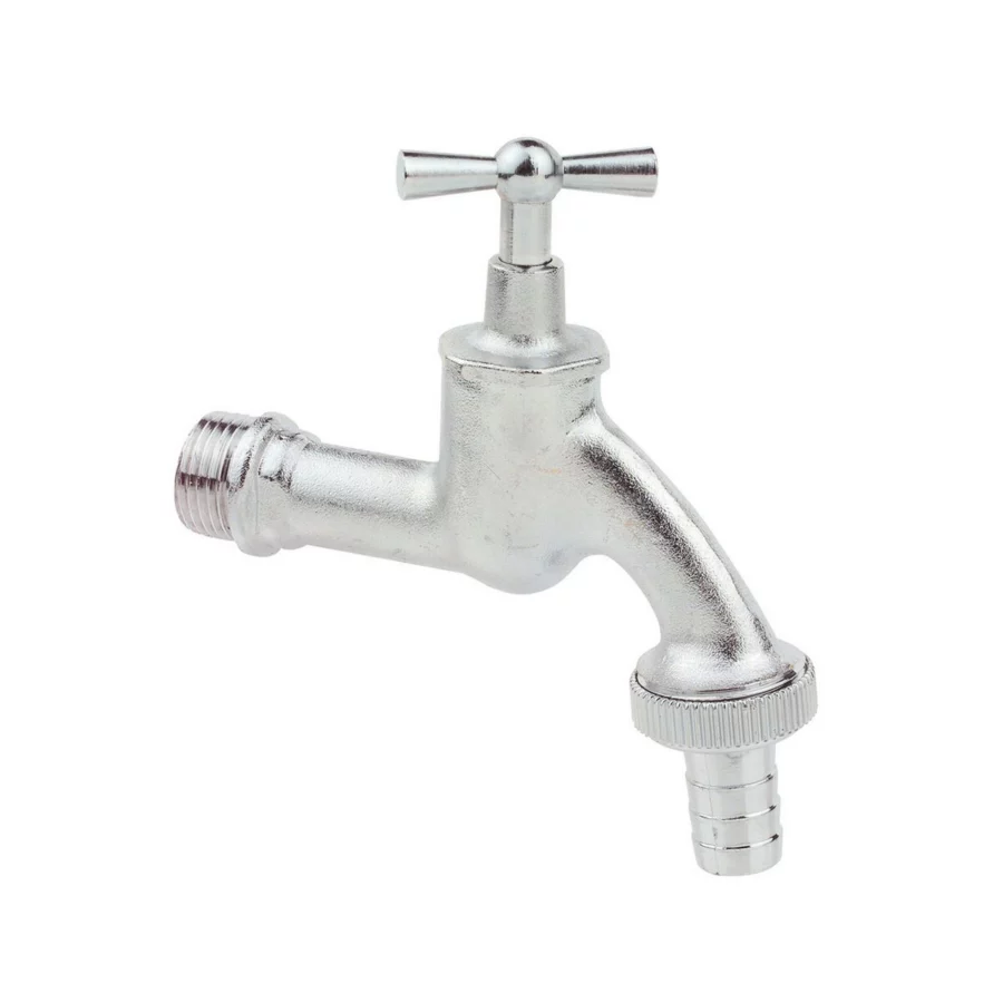Kirchhoff Auslaufventil mit Knebelgriff, Messing matt verchromt, 3/4" AG x 1" AG x 3/4" T – Ansicht