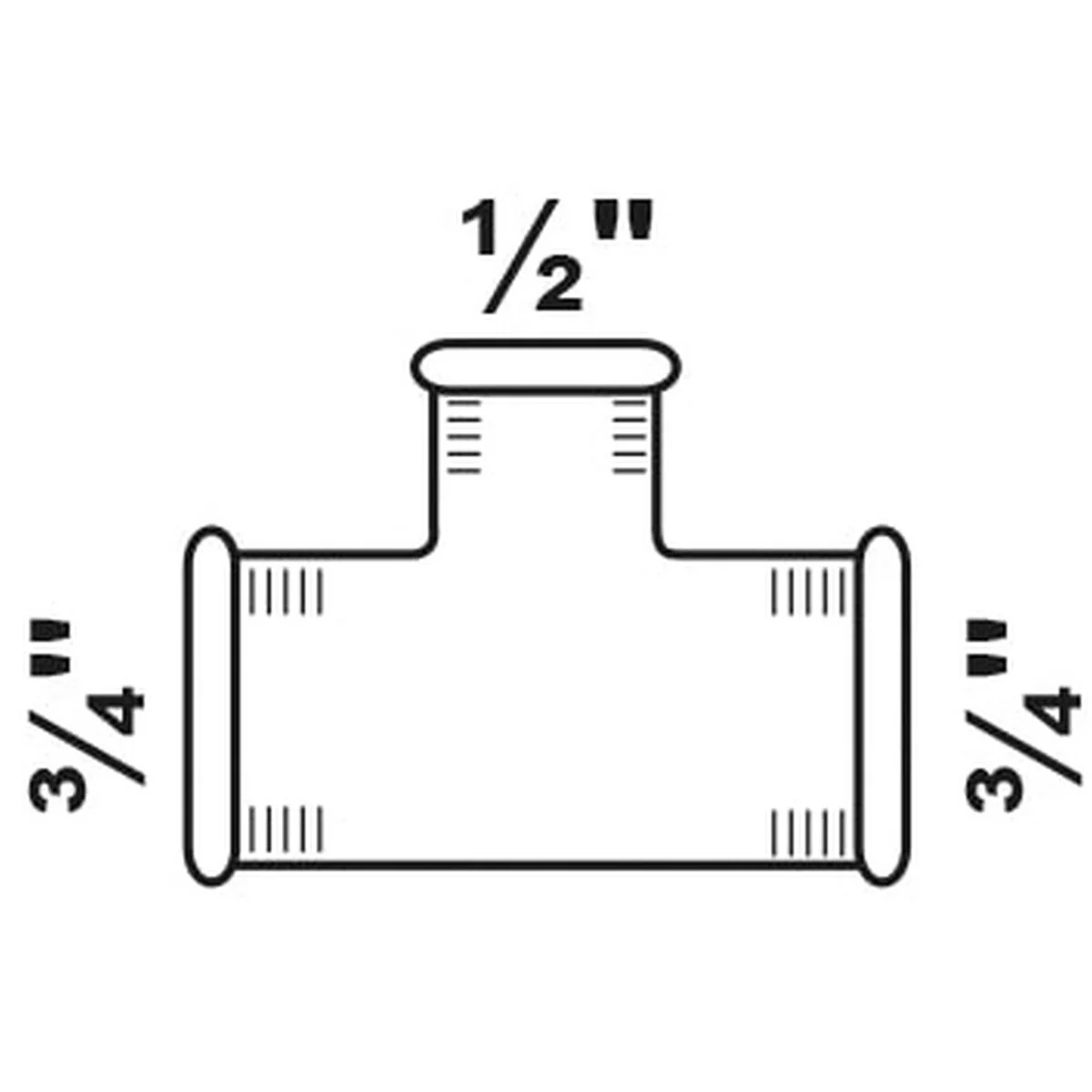 Kirchhoff Reduzier-T-Stück (Nr. 130), Temperguss verzinkt, 3/4" x 1/2" x 3/4" IG – Maßzeichnung