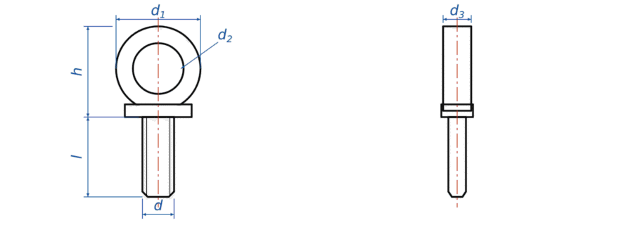 Ringschraube DIN 580 – Maßzeichnung mit d1, d2, d3, h, l und d